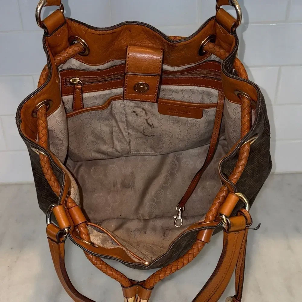 Michael Kors Bag Purse Handbag Leather Marina Signature Drawstring Tote Shoulder